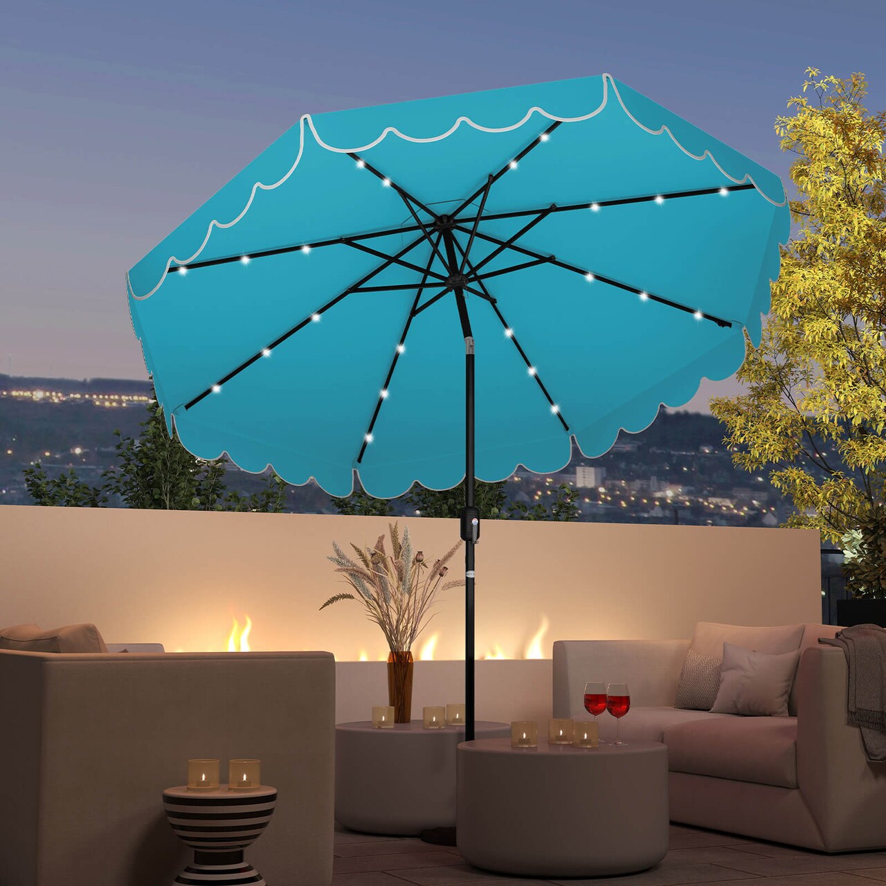 Costway 9.3 FT Solar Patio Umbrella Outdoor Market Sunshade with 24 LED Lights,Ruffles Beige/Brown/Red/Gray/Turquoise